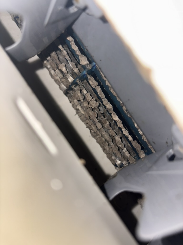 Close-up of an indoor air conditioning scroll fan with heavy bacterial build-up