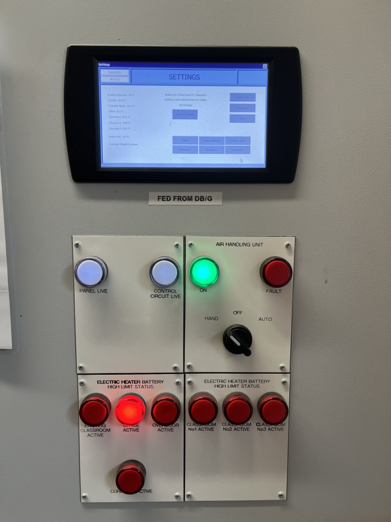 Air handling unit control panel with operating status indicators